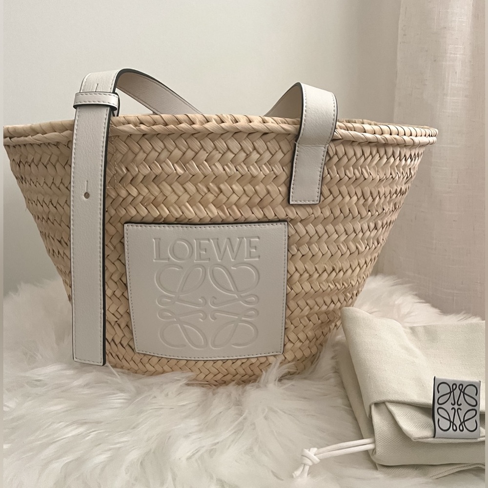 New Loewe Small Basket Bag Tote in Palm Leaf and Calfskin